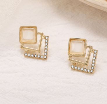 E1034 Gold Triple Square Moonstone with Rhinestones Earrings - Iris Fashion Jewelry