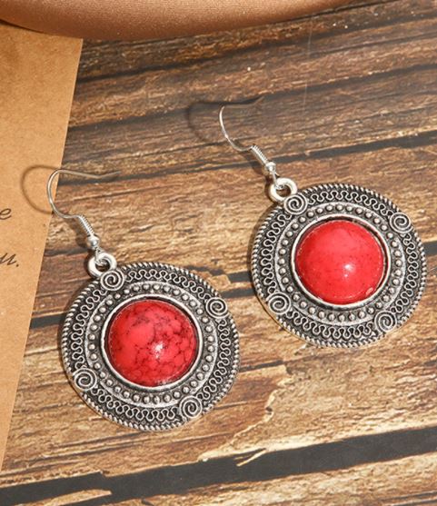 E1707 Silver Decorated Red Crackle Gem Earrings - Iris Fashion Jewelry