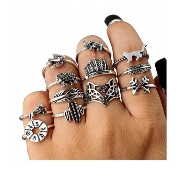 RS33 Silver Color 12 Piece Ring Set - Iris Fashion Jewelry