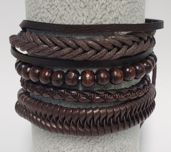 *B502 Brown Leather Wooden Bead Bracelet Set - Iris Fashion Jewelry