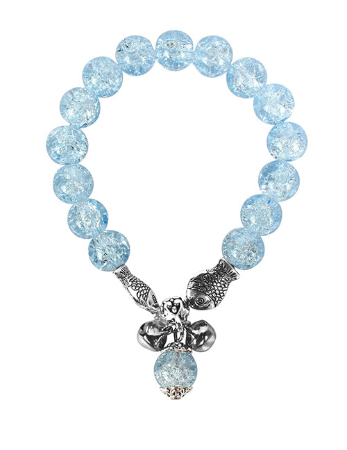 B1127 Light Blue Crackle Bead Fish Jingle Charm Bracelet - Iris Fashion Jewelry