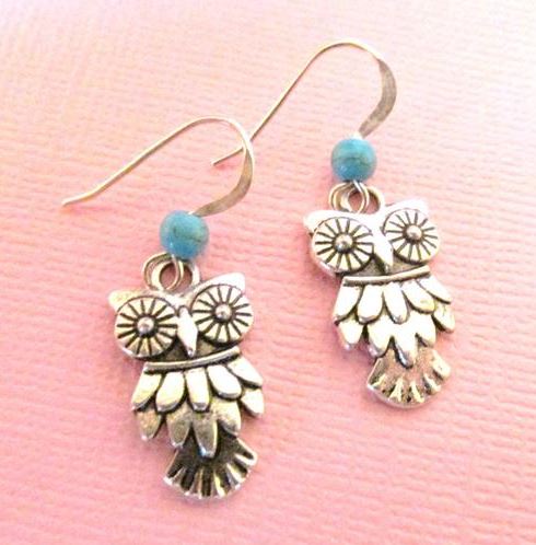 E433 Silver Owl Turquoise Stone Earrings - Iris Fashion Jewelry