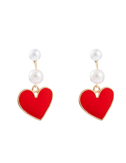 E1454 Gold Red Heart with Pearls Earrings - Iris Fashion Jewelry