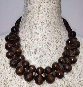 N1169 Brown Double Row Wooden Bead Necklace with FREE Earrings - Iris Fashion Jewelry