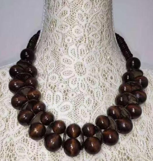 N1169 Brown Double Row Wooden Bead Necklace with FREE Earrings - Iris Fashion Jewelry