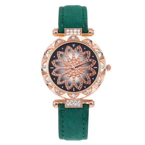 W120 Green Band Elegant Flower Collection Quartz Watch - Iris Fashion Jewelry