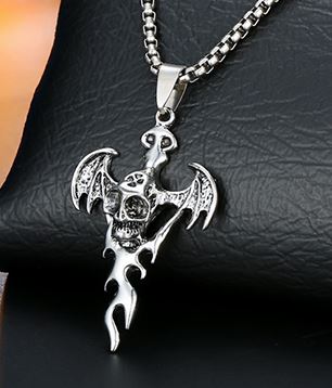 N1489 Silver Skull & Wings Necklace - Iris Fashion Jewelry