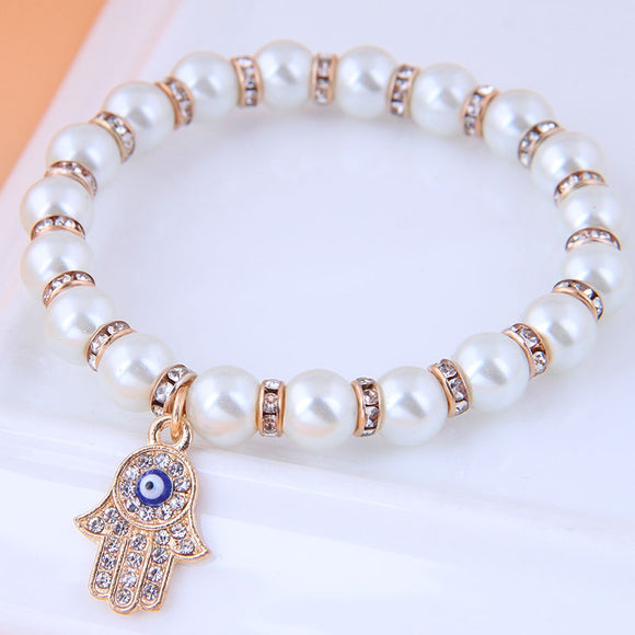 B1044 Buddhist Hand Pearl Rhinestone Bead Bracelet - Iris Fashion Jewelry