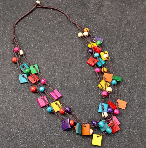N1915 Multi Color Square Wooden Necklace with FREE EARRINGS - Iris Fashion Jewelry