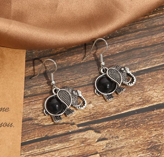 E1789 Silver Black Elephant Earrings - Iris Fashion Jewelry