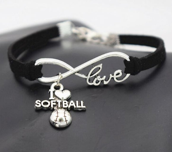 B933 Black I Love Softball Leather Cord Bracelet - Iris Fashion Jewelry