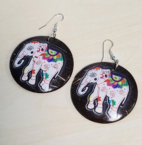 E962 Colorful Elephant Coconut Shell Wooden Earrings - Iris Fashion Jewelry