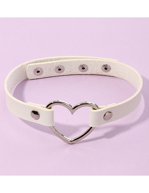 N977 Silver Heart White Leather Choker Necklace FREE Earrings - Iris Fashion Jewelry