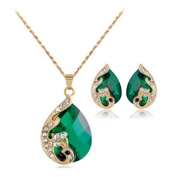 N882 Green Gem Teardrop Necklace with FREE Earrings - Iris Fashion Jewelry