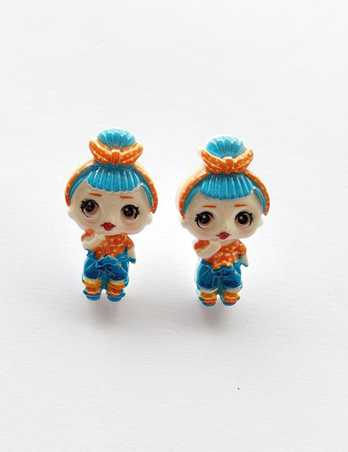 L234 Blue Hair Cartoon Girl Stud Earrings - Iris Fashion Jewelry