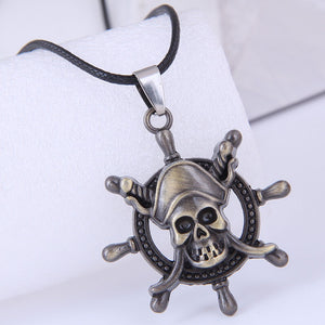 N1179 Gold Ship Wheel Pirate Skull on Leather Cord Necklace - Iris Fashion Jewelry