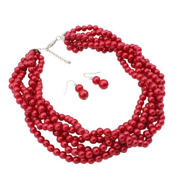 N1894 Silver Red Pearl Multi Layer Necklace With FREE Earrings - Iris Fashion Jewelry