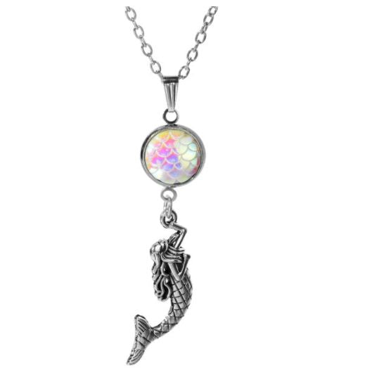 N1721 Silver Iridescent White Mermaid Fish Scale Necklace With FREE Earrings - Iris Fashion Jewelry