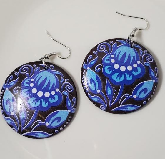 E1501 Blue Floral Coconut Shell Wooden Earrings - Iris Fashion Jewelry