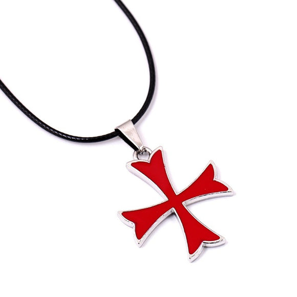 N315 Silver Red Enamel Templar Cross on Leather Cord Necklace - Iris Fashion Jewelry