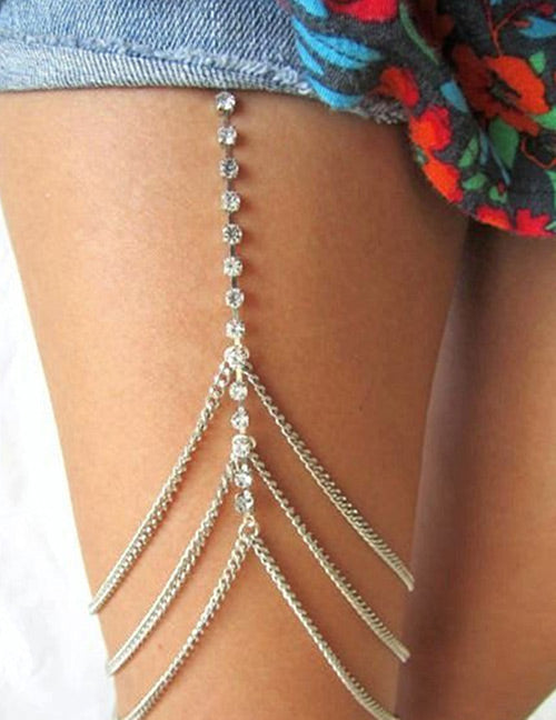 B929 Silver Chains & Rhinestones Leg Chain - Iris Fashion Jewelry