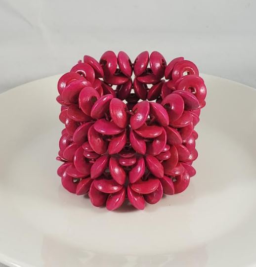 B745 Hot Pink Flower Shape Layer Wooden Bead Bracelet - Iris Fashion Jewelry