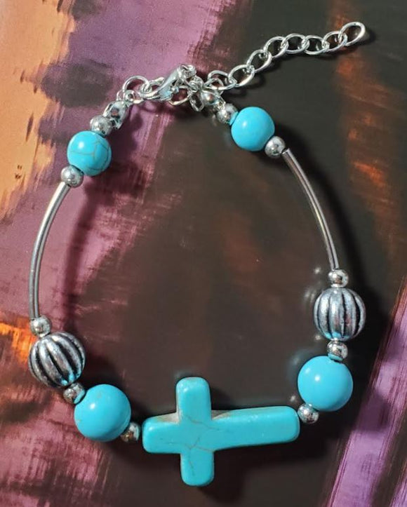 B516 Turquoise Crackle Stone Cross Bracelet - Iris Fashion Jewelry