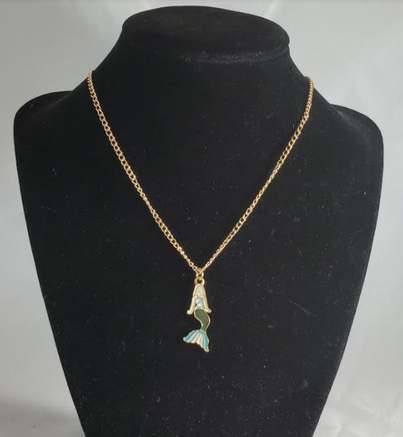 N1200 Gold Teal Blue Baked Enamel Mermaid Necklace with FREE Earrings - Iris Fashion Jewelry