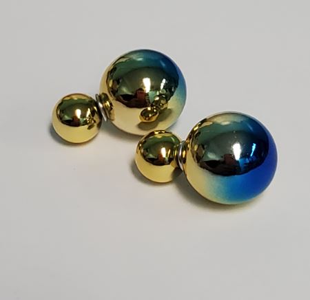 *E329 Blue & Gold Two Tone Double Ball Earrings - Iris Fashion Jewelry