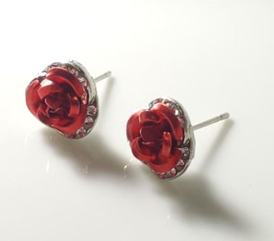 E1557 Silver Red Rose Rhinestone Earrings - Iris Fashion Jewelry