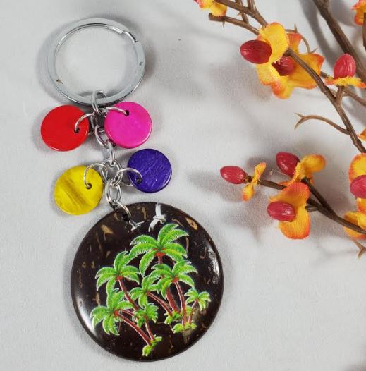 K128 Palm Tree Coconut Shell Colorful Wooden Disk Keychain - Iris Fashion Jewelry