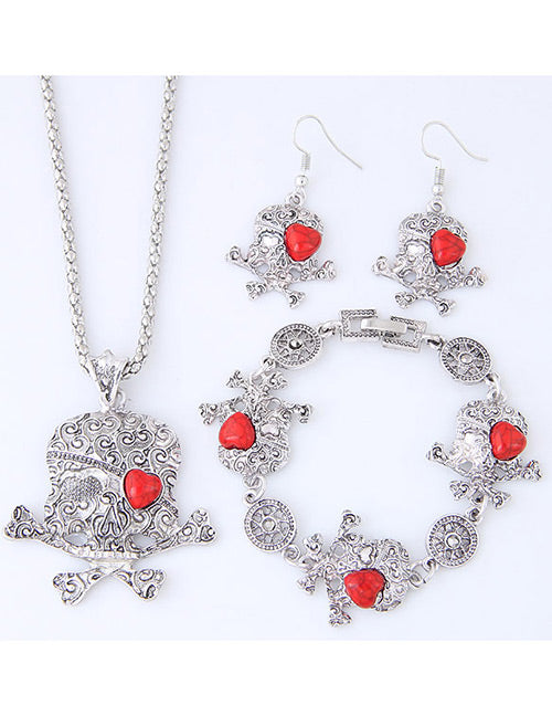 N1204 Silver Red Gem Skull & Crossbones Necklace with FREE Earrings & FREE Bracelet - Iris Fashion Jewelry