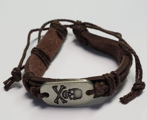 B231 Brown Leather Skull & Crossbones Brown Cord Bracelet - Iris Fashion Jewelry