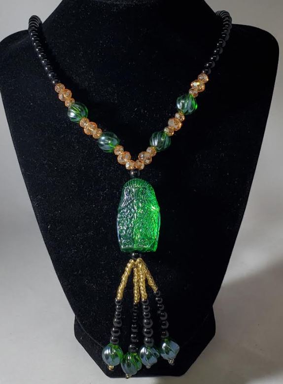 *N2072 Black Bead Green Owl Glass Long Necklace With Free Earrings - Iris Fashion Jewelry
