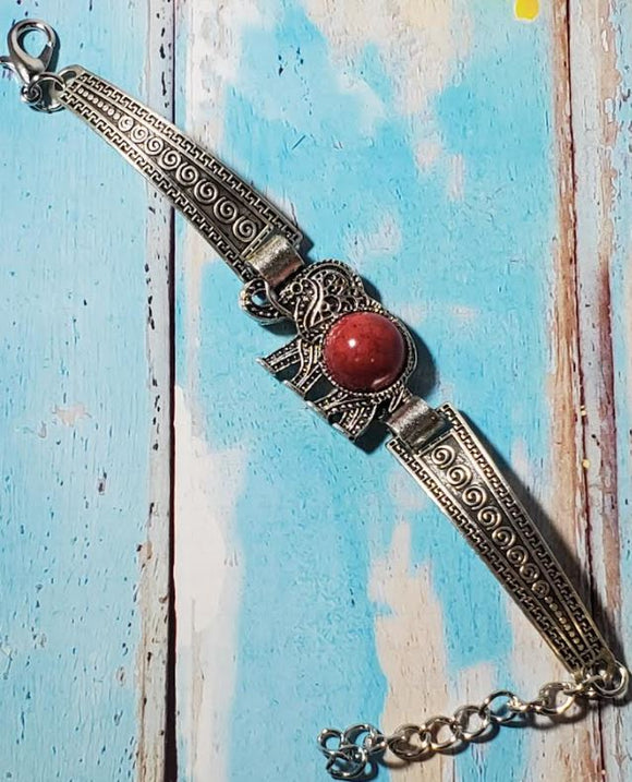 B1229 Silver Decorated Elephant Red Crackle Gem Bracelet - Iris Fashion Jewelry