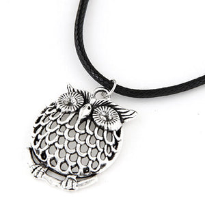 N406 Silver Owl Leather Cord Necklace with FREE Earrings - Iris Fashion Jewelry