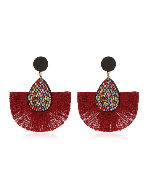 E1926 Multi Color Rhinestone Burgundy/Red Fan Shape Earrings - Iris Fashion Jewelry