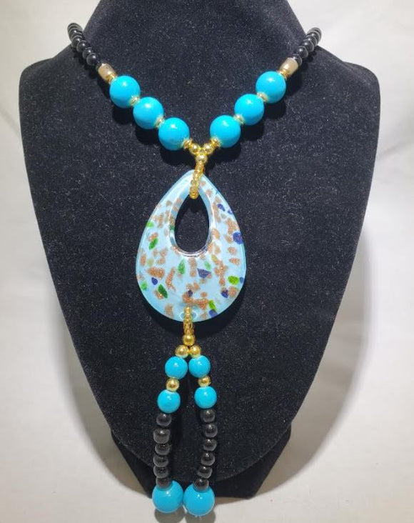 *N472 Black Bead Fashion Blue Decorated Teardrop Glass Long Necklace With Free Earrings - Iris Fashion Jewelry