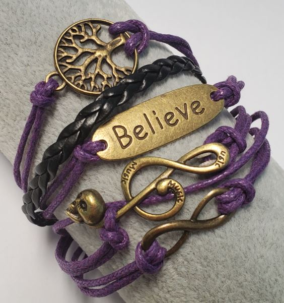 BX Purple Believe Music Note Tree Leather Bracelet - Iris Fashion Jewelry