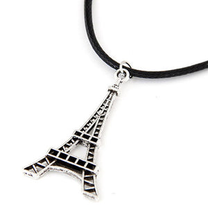 N407 Silver Eiffel Tower Leather Cord Necklace with FREE Earrings - Iris Fashion Jewelry