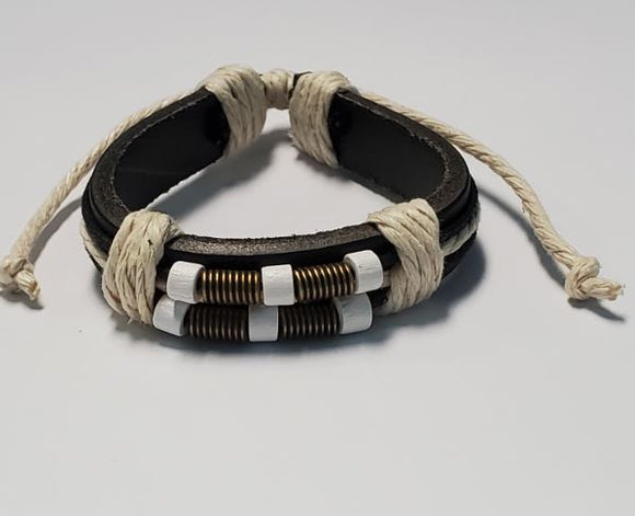 B57 Black Leather White Cord Bracelet - Iris Fashion Jewelry