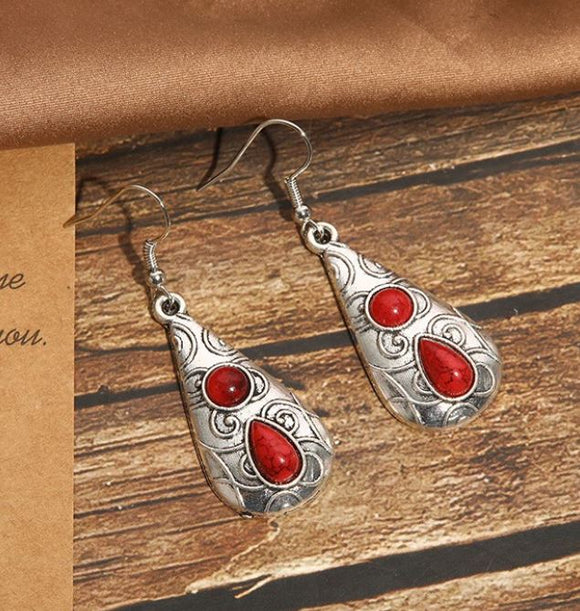 E1793 Silver Red Crackle Decorated Teardrop Earrings - Iris Fashion Jewelry