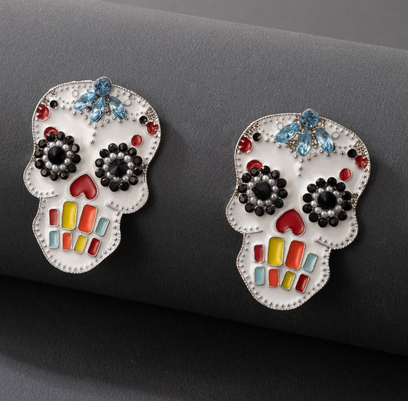 E1898 Silver White Enamel Decorated Sugar Skull Earrings - Iris Fashion Jewelry