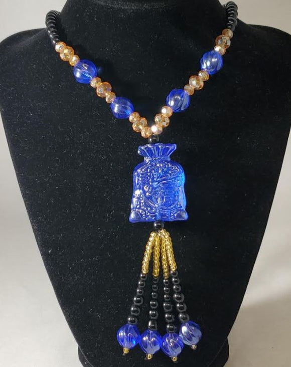 N2078 Black Bead Blue Money Bag Glass Long Necklace With Free Earrings - Iris Fashion Jewelry