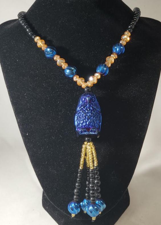 N2077 Black Bead Metallic Blue Owl Glass Long Necklace With Free Earrings - Iris Fashion Jewelry
