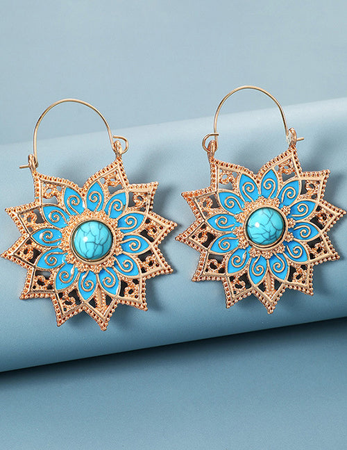 E1938 Gold Flower Turquoise Crackle Earrings - Iris Fashion Jewelry