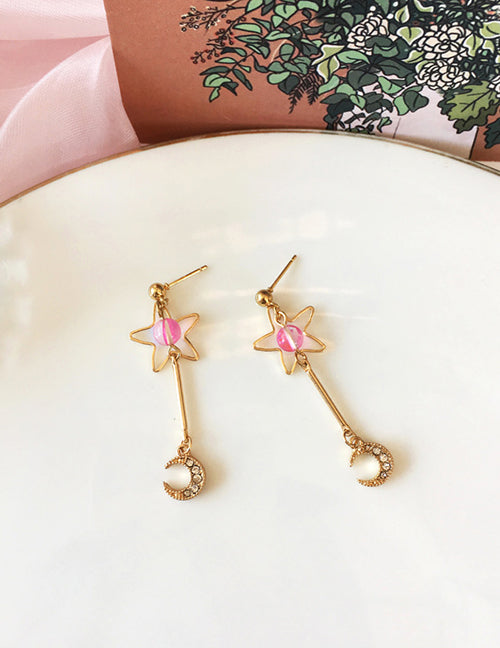 E1861 Gold Star & Moon Pink Bead Earrings - Iris Fashion Jewelry