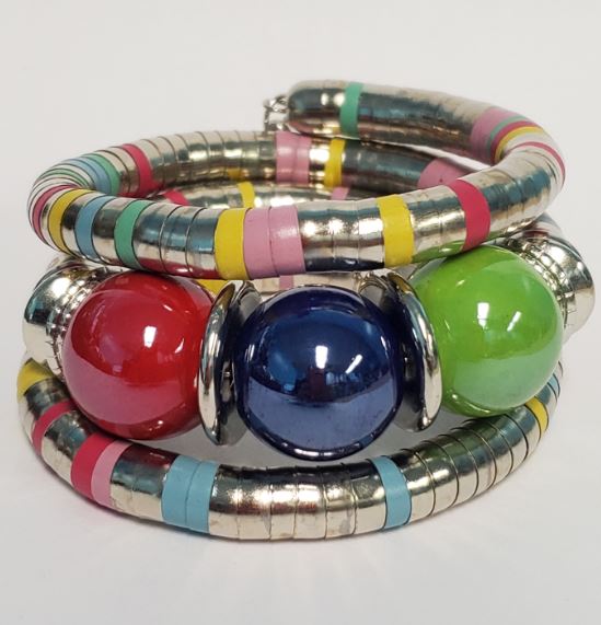 B884 Silver Multi Color Bead Coil Bracelet - Iris Fashion Jewelry