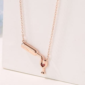 N390 Rose Gold Wine Bottle Pouring into Glass with Heart Necklace with FREE Earrings - Iris Fashion Jewelry
