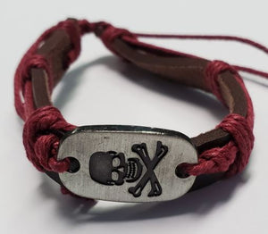 B220 Brown Leather Skull & Crossbones Red Cord Bracelet - Iris Fashion Jewelry